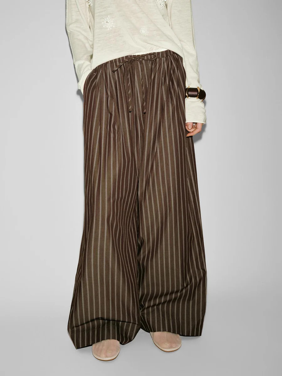 Cotton Contrast Striped Pull On Wide Leg Pants | Urban Revivo