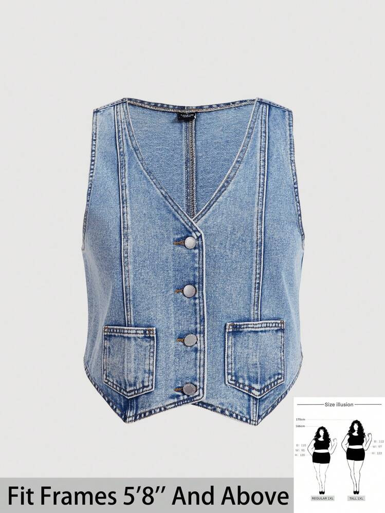 SHEIN Tall CURVE Plus Size Women's Blue Denim Fitted Vest Summer Vacation Woman 90s Spring For Wo... | SHEIN