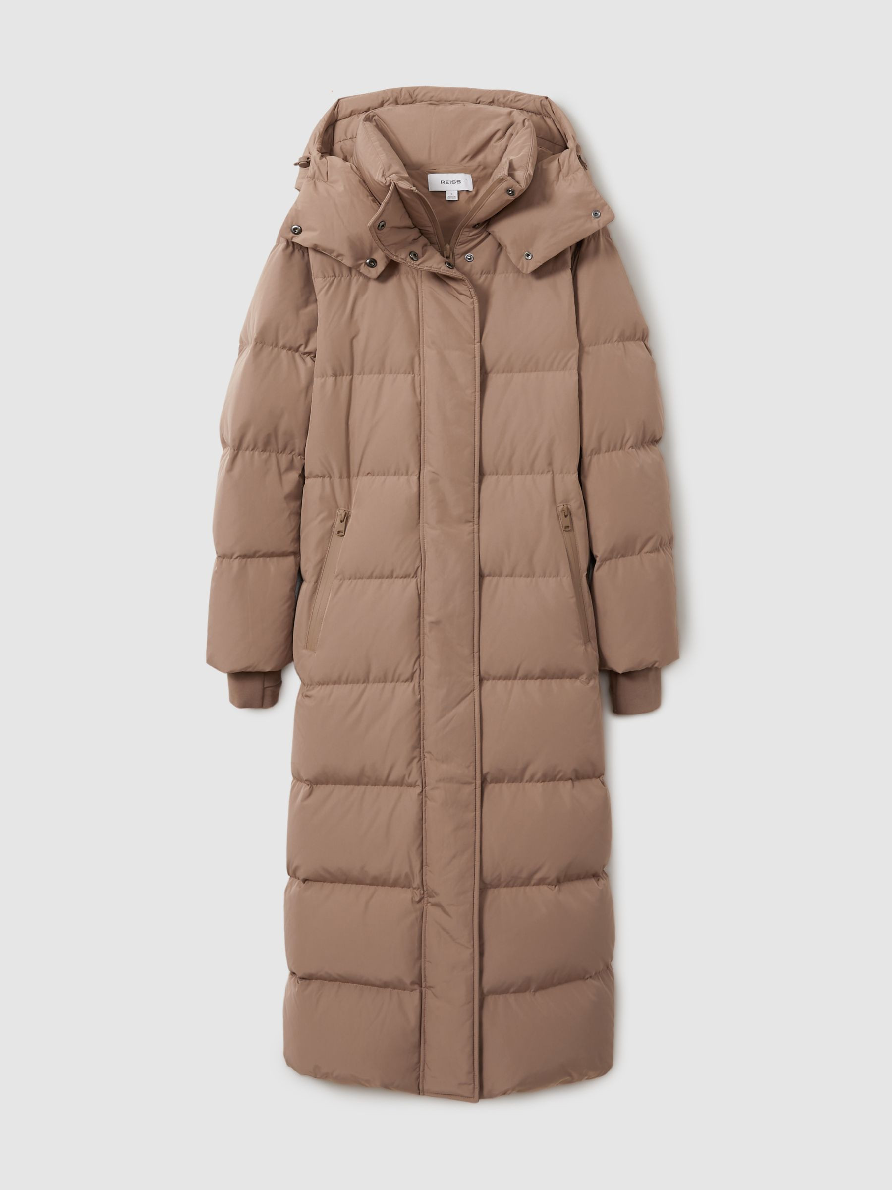 Reiss Petite Longline Hooded Puffer Coat in Mink Neutral - REISS | Reiss UK