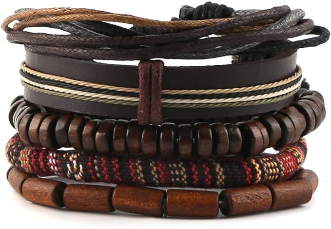 HZMAN Wrap Bracelets Men Women, Hemp Cords Wood Beads Ethnic Tribal Bracelets, Leather Wristbands | Amazon (US)