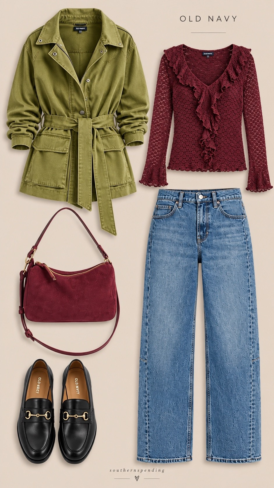 Fall outfit idea 🍂 Olive utility jacket + burgundy lace top + barrel-leg jeans + loafers = the perfect casual chic fall look. 🤎

#LTKootd #LTKMidsize #LTKPlusSize