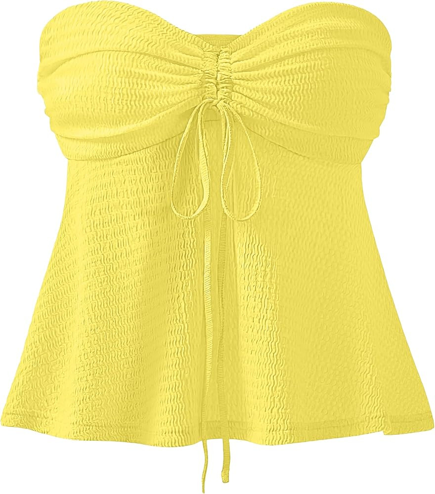 ANRABESS Womens Tube Top Summer Strapless Tie Front Ruched Peplum Flared Hem Cute Bandeau Halter ... | Amazon (US)