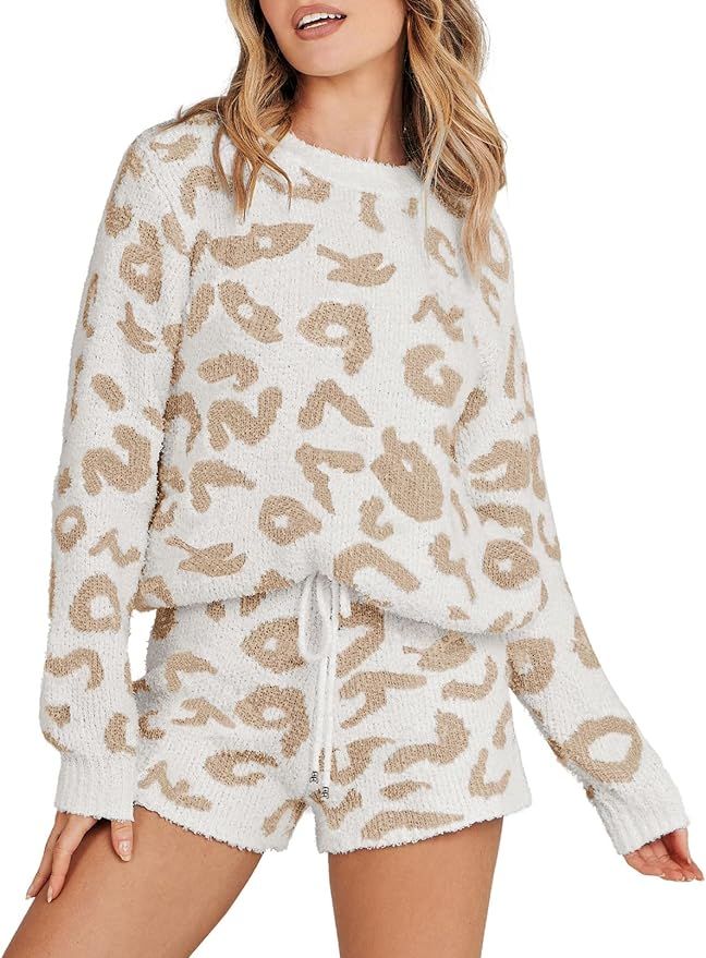 MEROKEETY Women's 2023 Winter Fuzzy Fleece Leopard Long Sleeve Pajama Set 2 Piece Sweater Top and... | Amazon (US)