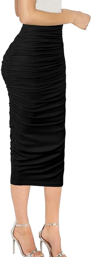 VFSHOW Womens Elegant Ruched Ruffle High Waist Casual Pencil Midi Mid-Calf Skirt | Amazon (US)