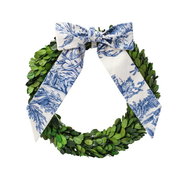 Preserved Boxwood Wreath with Blue & White Toile Bow | Cailini Coastal