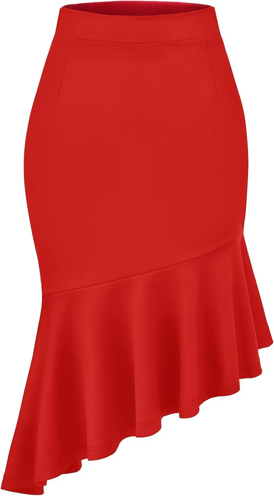 Women's Pencil Skirt High Waist Stretch Fishtail Office Work Skirt Ruffle Hem Bodycon Midi Skirt | Amazon (US)