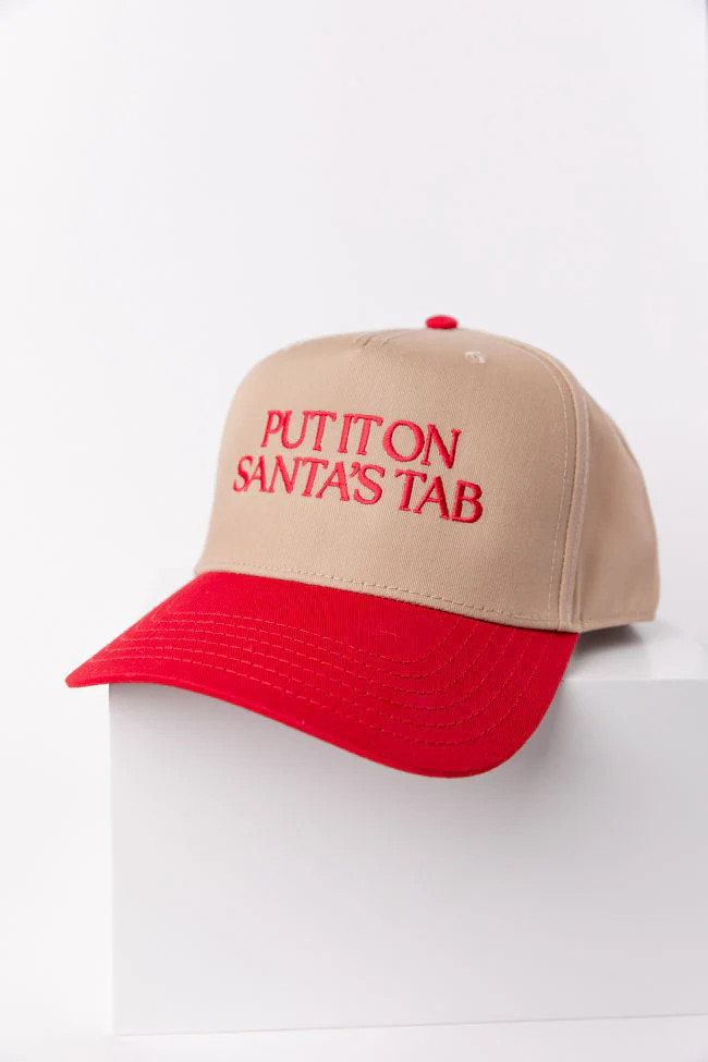 Put It On Santa's Tab Red and Khaki Trucker Hat | Pink Lily
