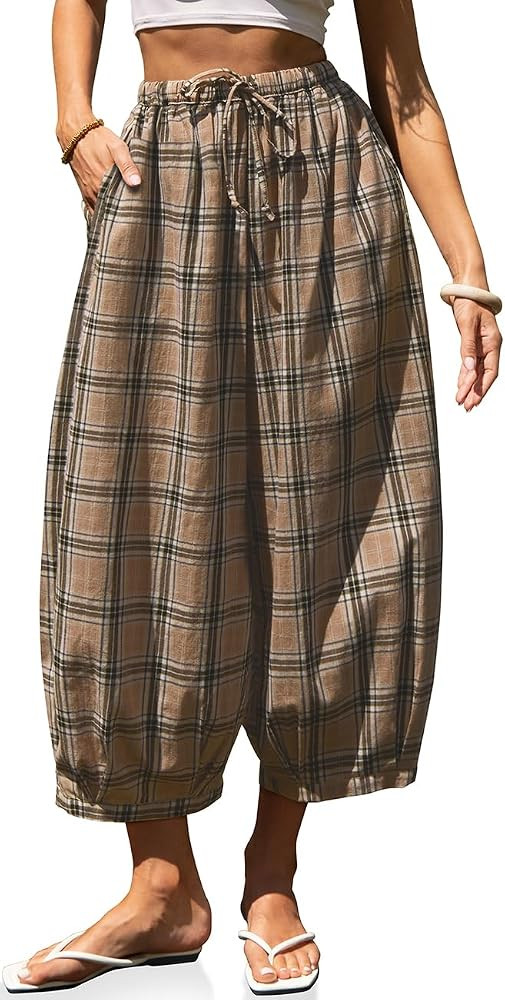 TARSE Women's Plaid Cotton Linen Wide Leg Pants with Pockets | Amazon (US)
