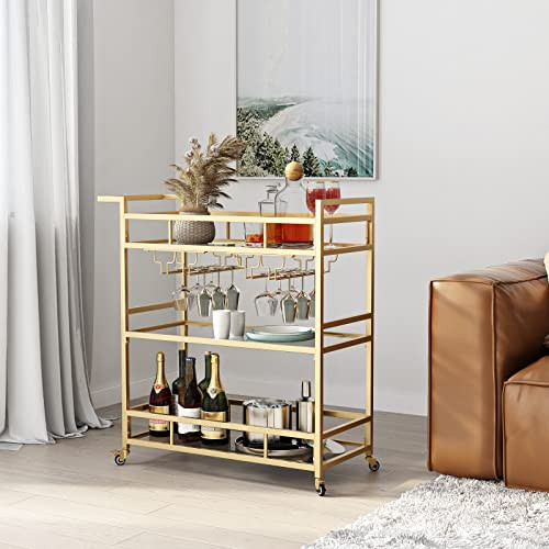 Gold Bar Carts with 3 Tier Glass Shelves, Rolling Serving Bar Cart with Wine Rack and Glass Holde... | Amazon (US)