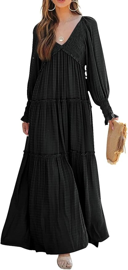 AlvaQ Women's 2023 Fall V Neck Lantern Sleeve Smocked High Waist Flowy A Line Tiered Long Maxi Dr... | Amazon (US)