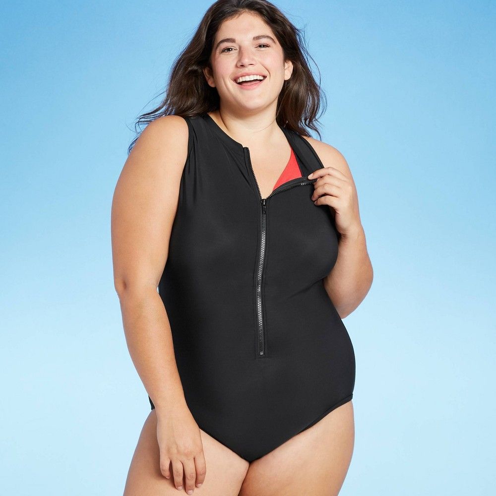 Women's Plus Size High Neck Zip-Up One Piece Swimsuit - Aqua Green Black 16W | Target
