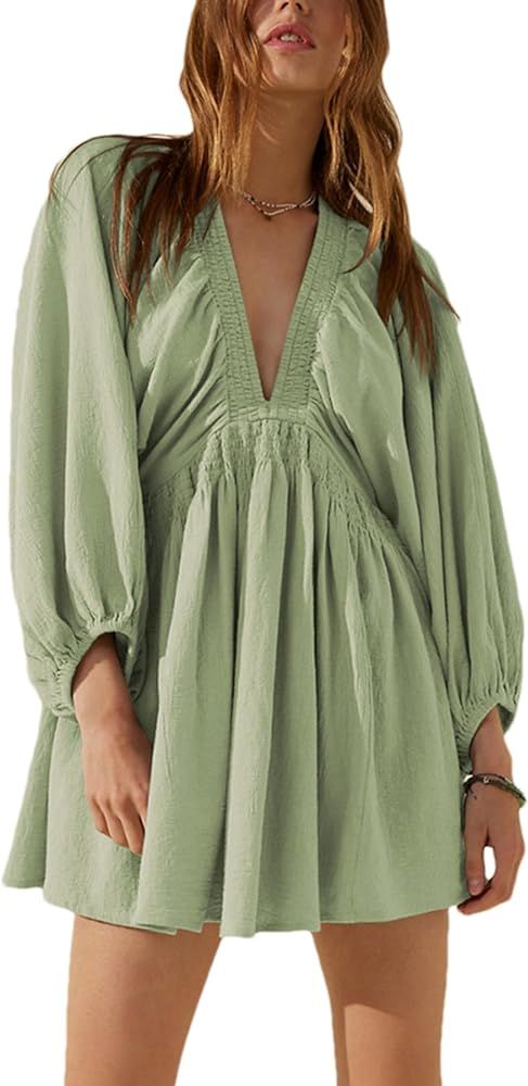 Women's Sexy Long Sleeve V Neck Tunic Dress Casual Loose Flowy Mini Swing Shift Dresses | Amazon (US)