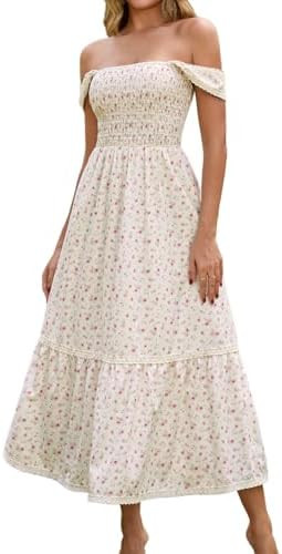XinFSh Women's Casual Summer Floral Midi Dress Flowy Smocked Off The Shoulder Long Wedding Guest ... | Amazon (US)