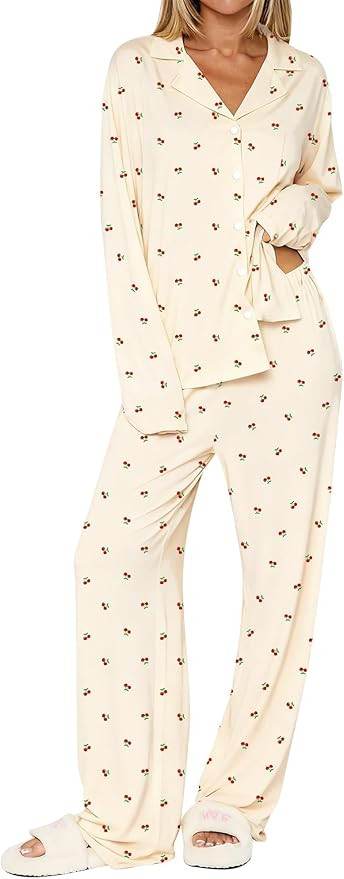 Dressmine Ladies Long Sleeve Cute Pajama Sets 2 Piece Fall Outfits Button Up Pjs Set Loungewear | Amazon (US)