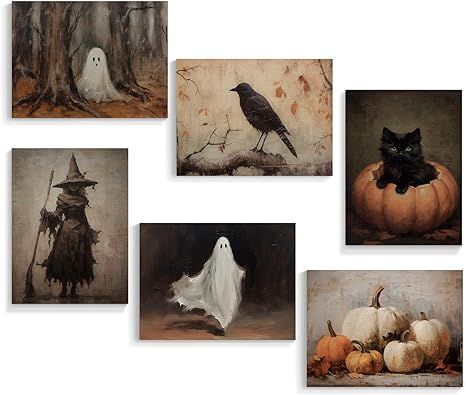 Xianyojafa Vintage Halloween Canvas Wall Art, Retro Black Cat Pumpkin Poster 6 Piece 8x10in, Vict... | Amazon (US)