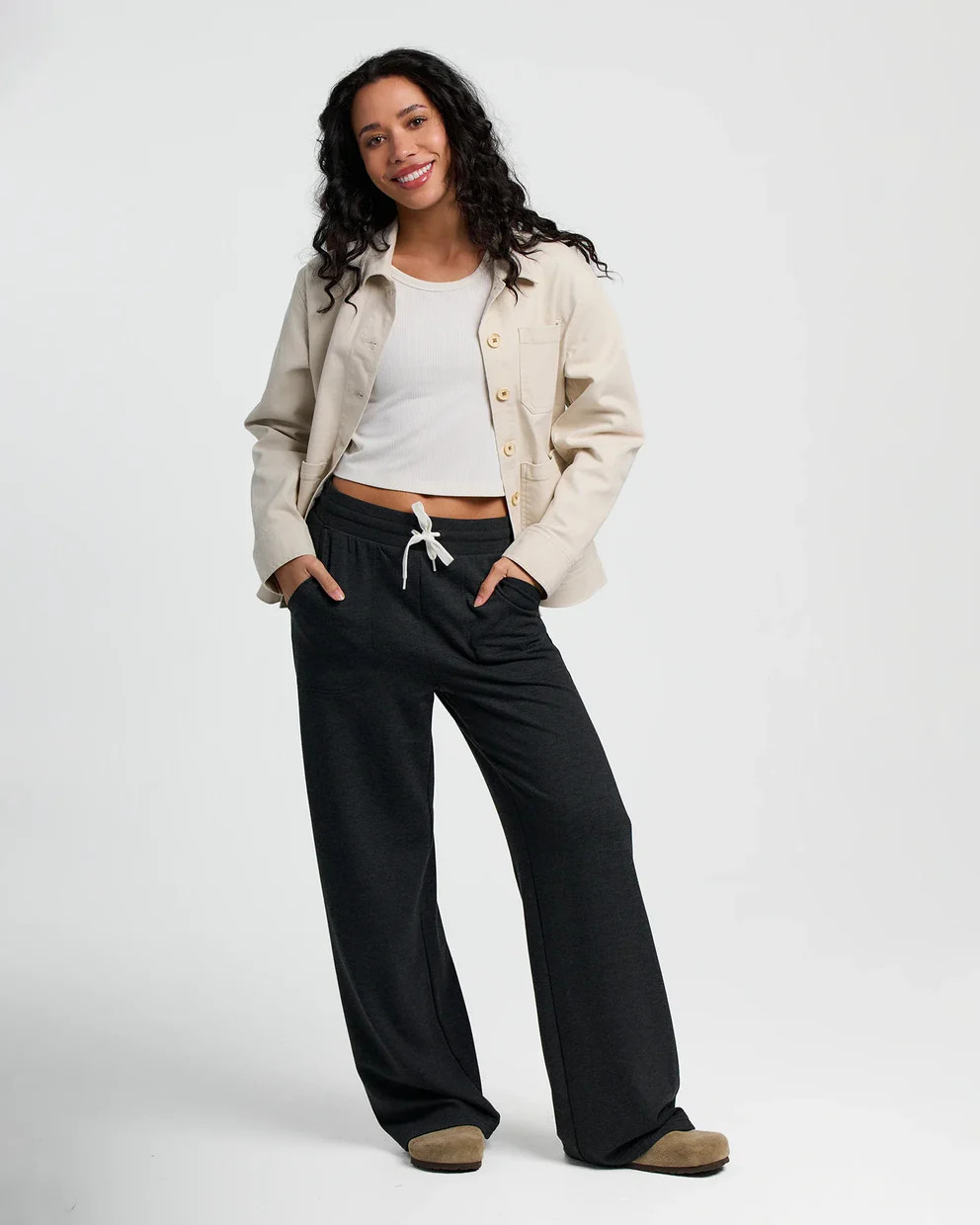 Women's Bamboo Lightweight Fleece Wide Leg Pant - Heather Black | Free Fly Apparel