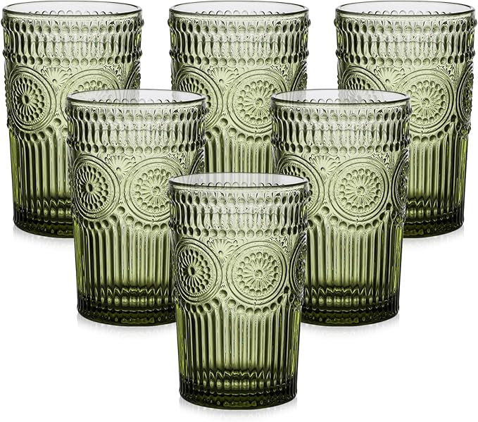 Vintage Glassware Drinking Glasses Set of 6,13 oz Green Textured Flower Design Glass Water Tumble... | Amazon (US)