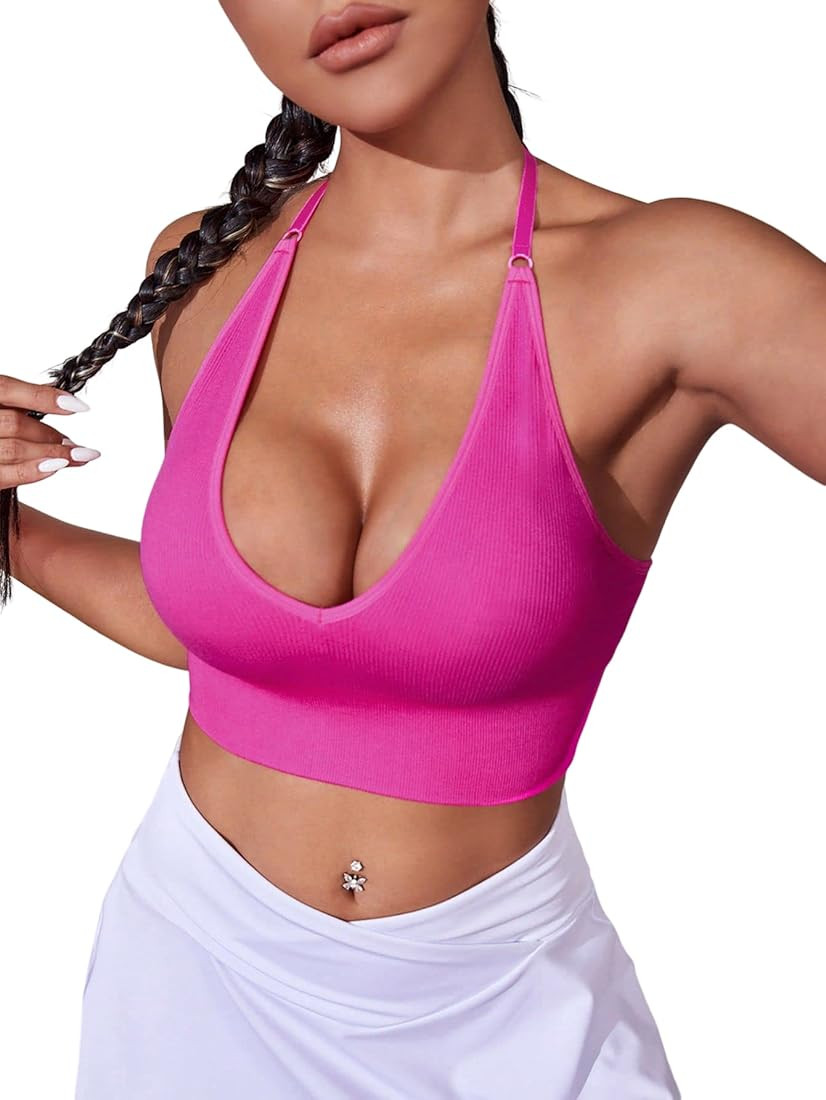 Women's Backless Seamless Workout Sport Bra Crop Halter Top | Amazon (US)