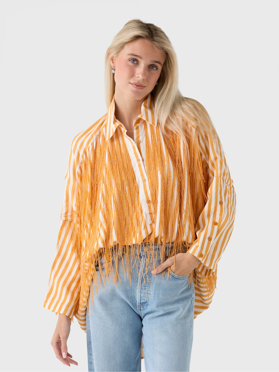 La Vie Women's Beaded Fringe Pinstripe Boyfriend Shirt | Saint Bernard