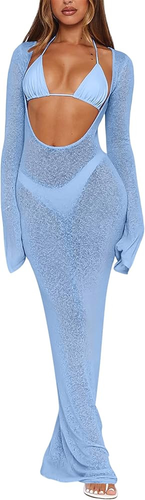3 Piece Swimsuits for Women Sexy Halter Triangle Thong Bikini Sets with Sheer Mesh Beach Cover Up... | Amazon (US)