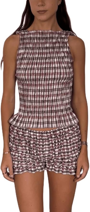 Women Y2k Ruffle Shorts Set Ruched Crop Tank Top and Low Waist Bloomer Shorts Sleeveless Y2k Pjs ... | Amazon (US)