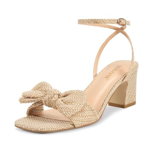 ISNOM Women's Bow Knot Heeled Sandals Ankle Buckle Strap Open Toe Block Chunky Heel Woven Sandals Women Party Fashion Heels (Woven Apricot Size11) | Amazon (US)