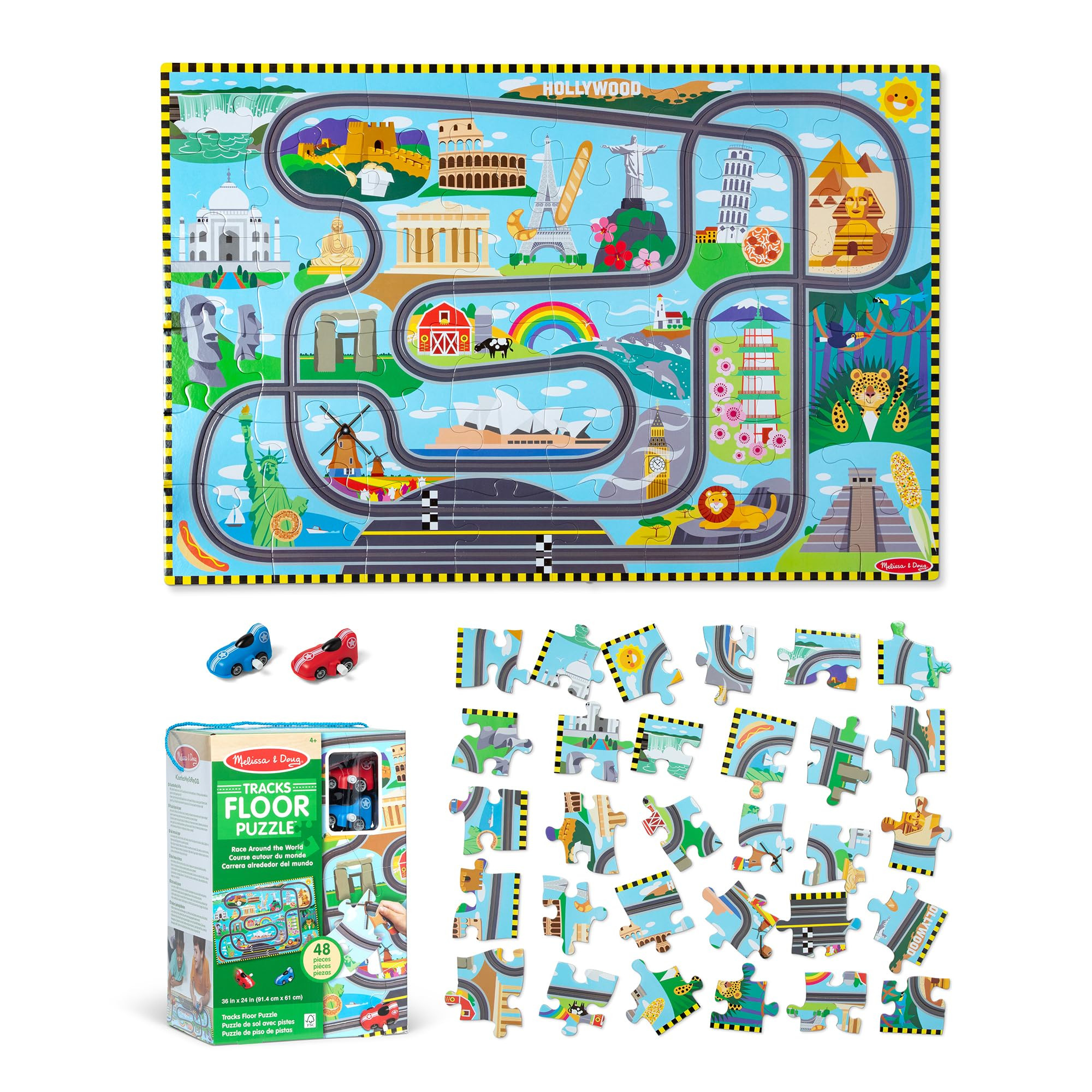 Melissa & Doug Race Around the World Tracks Cardboard Jigsaw Floor Puzzle and Wind-Up Vehicles ... | Amazon (US)