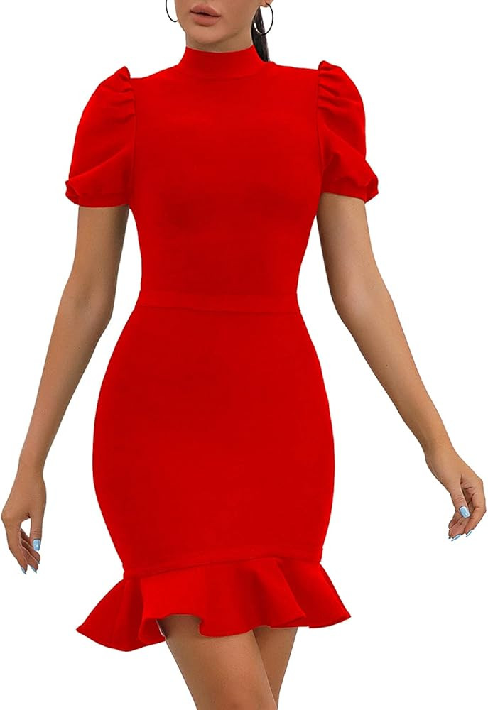 Women's Puff Sleeve Bandage Bodycon Dress Fishtail Hem Cocktail Party Dresses | Amazon (US)