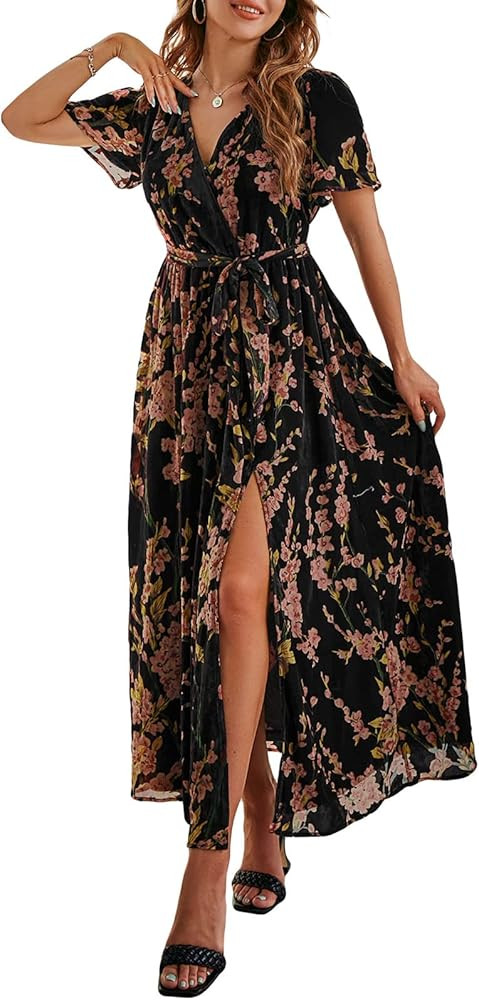 BerryGo Women's Boho V Neck Ruffle Floral Wrap Maxi Dress | Amazon (US)