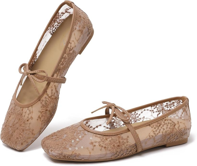 Susanny Square Toe Ballet Flats for Women Mary Jane Shoes with Strap Lace up Bow Flat Shoes Comfo... | Amazon (US)