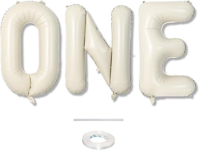 40 Inch Beige One Balloons for 1st Birthday, Cream White Sand One Balloon Letters with Ribbon, Ne... | Amazon (US)