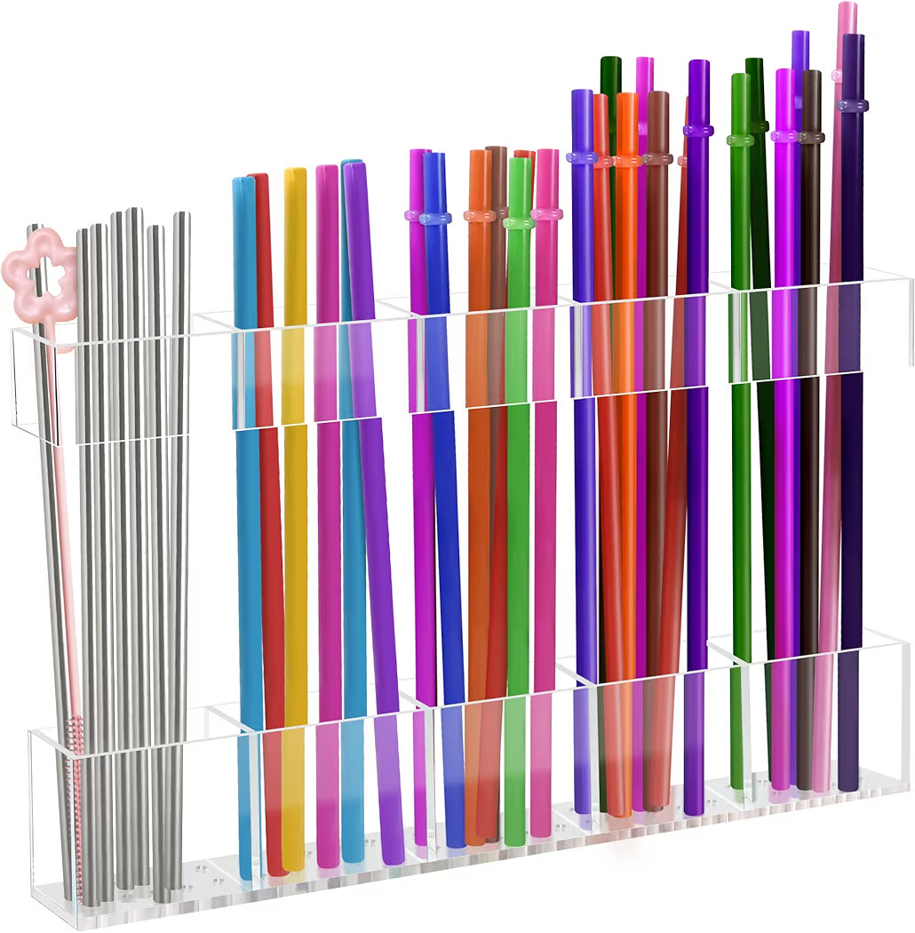 9.6” Large Acrylic Straw Holder for Cabinet Door, Reusable Adjustable Two-Part Straws Organizer... | Amazon (US)