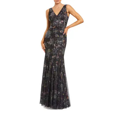 Mac Duggal Embellished Floral Sleeveless V-Back Gown in Black Multi at Nordstrom, Size 8 | Nordstrom