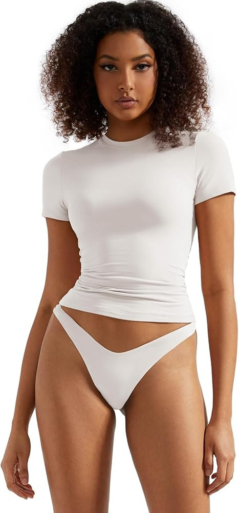 SUUKSESS Women Double Lined Fitted Basic Tee Crew Neck Short Sleeve Y2K Crop Top | Amazon (US)