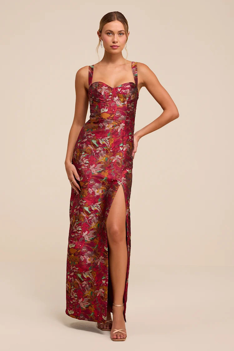 Demina Dark Magenta Floral Jacquard Bustier Maxi Dress | Lulus