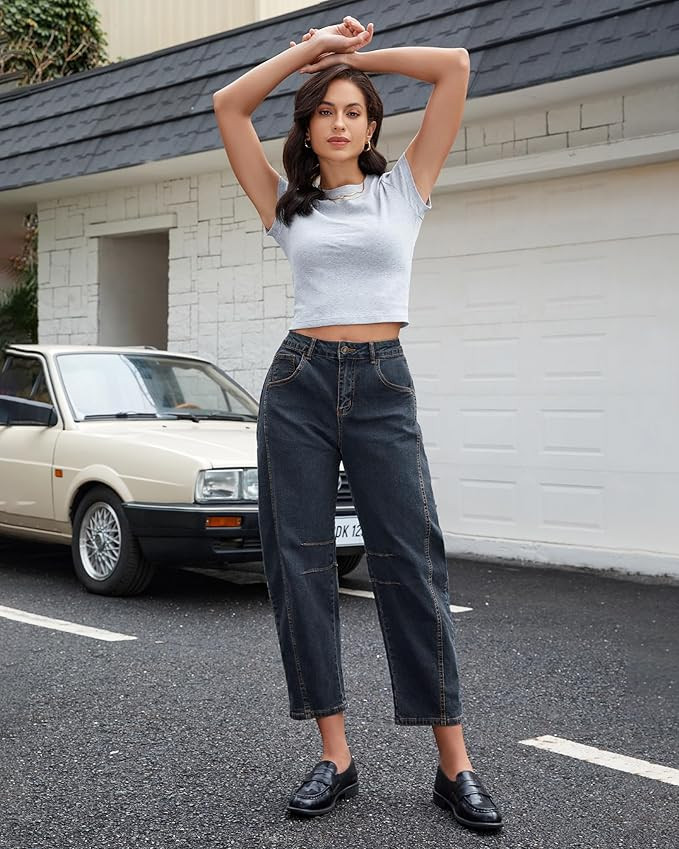 GRAPENT Barrel Jeans for Women Trendy High Waisted Wide Leg Baggy Cropped Relax Fit Stretch Denim... | Amazon (US)