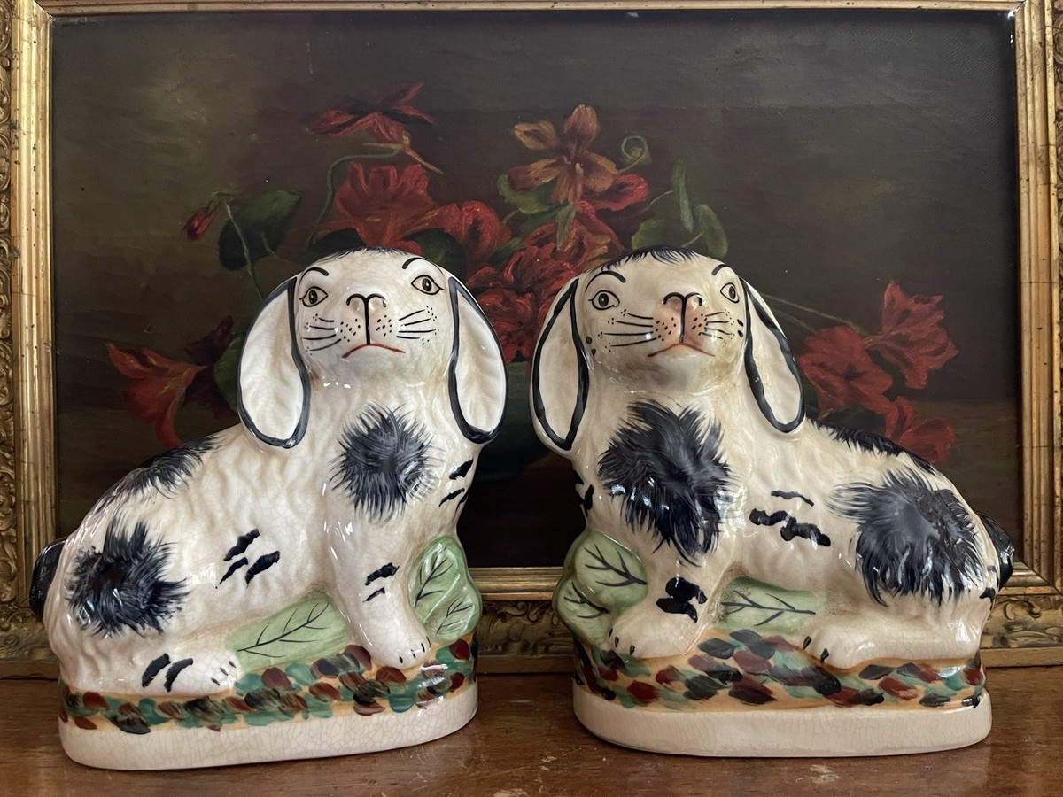 Pair Staffordshire Style 2 Bunny Rabbit Painted Figurines Statues Blue 6.5" Tall | eBay US