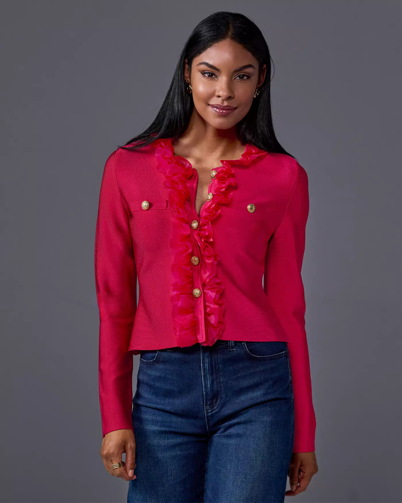 Ruffle Trim Bandage Cardigan - Jester Red | Boston Proper | Boston Proper