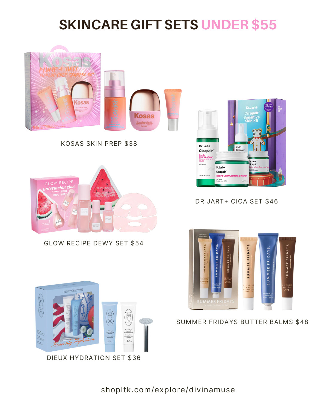I’m on a skincare/beauty gift guide run. I found these skincare gift sets for under $55. Most are viral skincare brands that your to-be-gifted skincare lover would .. well, love! 

Kosas skin prep set - a skincare/makeup prep hybrid 
Dr jart+ cica set - an amazing skincare line honestly. VERY calming and hydrating for the skin. 
Glow recipe - the best for basic skincare. Do you know how hard it is to actually find a GOOD basic? Glow recipe is very hydrating and yes, adds glow that lasts. 
Summer Fridays butter balms - I haven’t tried these, but I know they look delicious and are viral, if they’re into trendy products. 
Dieux hydration set - haven’t tried, but looks simple and lux and I really want that little roller tool!! 

#giftsets #skincaresets #stockingstuffers #sephoragifts #bestskincare  

 #LTKCyberWeek #LTKGiftGuide #LTKBeauty
