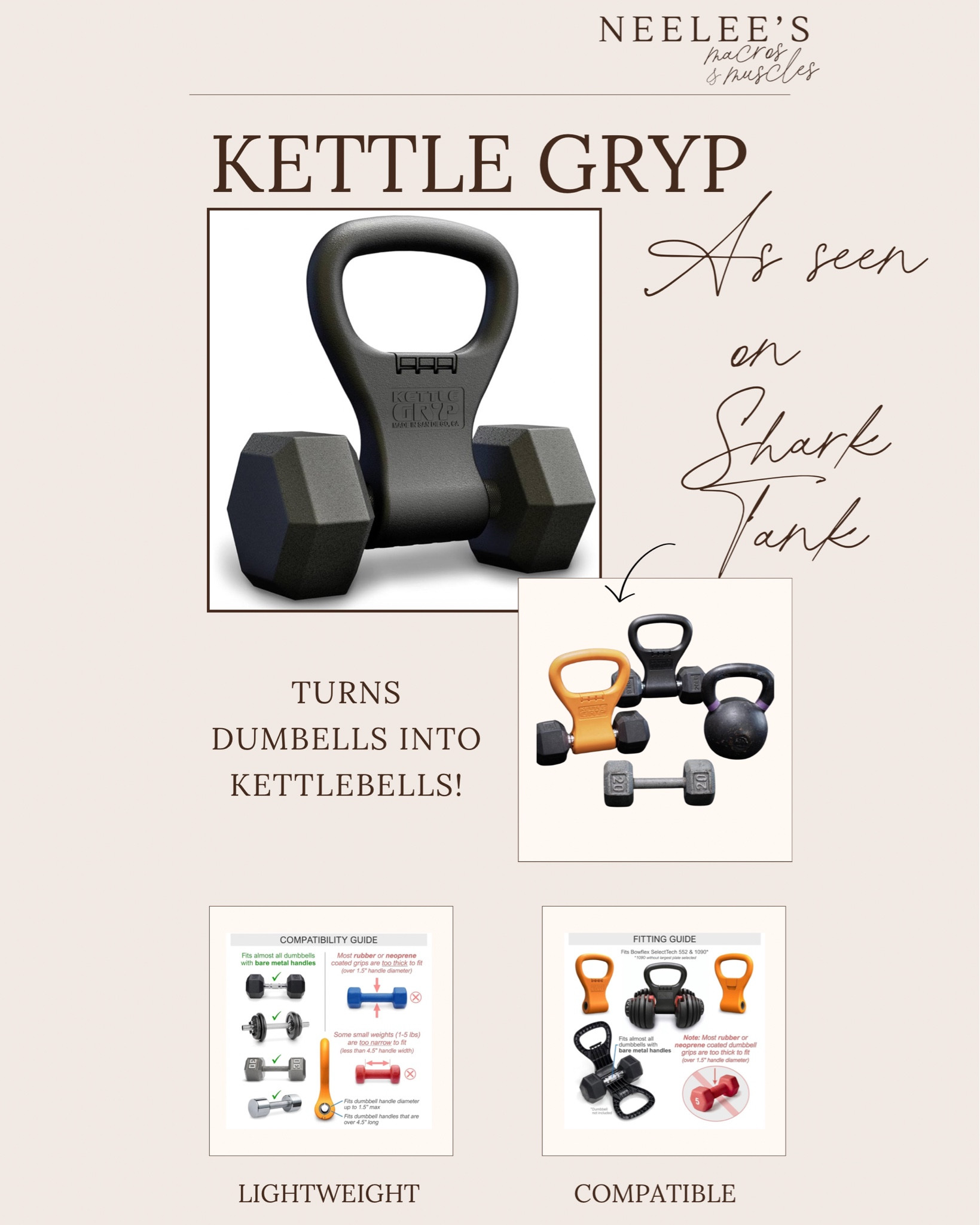 Turn Any Dumbbell into a Kettlebell with the Kettle Gryp!

The Kettle Gryp is an innovative tool that transforms a regular dumbbell into a fully functional kettlebell. It’s a simple, versatile attachment that slides onto the handle of your dumbbell, allowing you to perform kettlebell exercises without needing a separate set of weights.

How the Kettlebell Gryp Works:
	1.	Attachment: The Kettle Gryp fits securely over the dumbbell handle, providing a comfortable and durable “handle” that mimics the shape and function of a kettlebell.
	2.	Durability: It’s built to withstand the weight of your dumbbell while offering a strong, secure grip for a variety of exercises.
	3.	Versatility: You can use your existing dumbbells, whether you’re at home, the gym, or traveling, and instantly adapt your workout to include kettlebell movements.

With the Kettlebell Gryp, you get the benefits of kettlebell training without the need to buy additional equipment, making it a convenient and cost-effective way to mix up your workout routine.

#LTKFindsUnder50 #LTKActive #LTKFitness