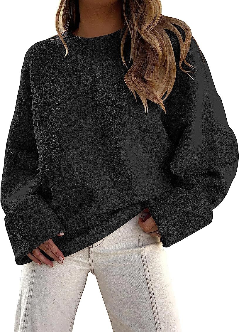 LOGENE Womens Oversized Fuzzy Crewneck Long Sleeve Sweaters Casual Loose Knitted Pullover Jumper Top | Amazon (US)