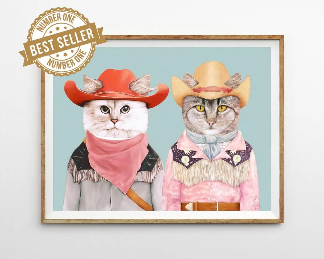 Cowboy Cats Art Print Colorful Wall Art Maximalist Decor Funky Western Eclectic Room Decor - Etsy | Etsy (US)