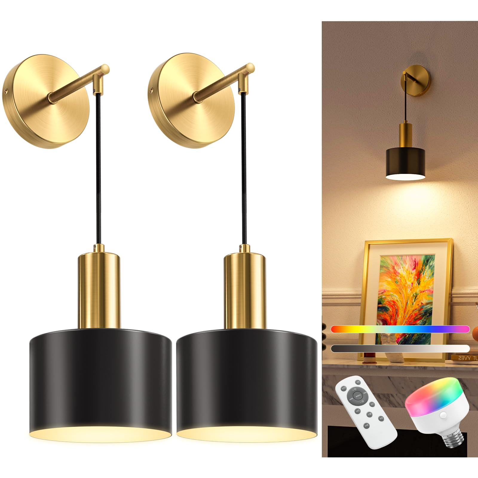 NIORSUN Battery Operated Wall Sconce Set of 2, Gold & Black Wireless Rechargeable Wall Lights wit... | Amazon (US)