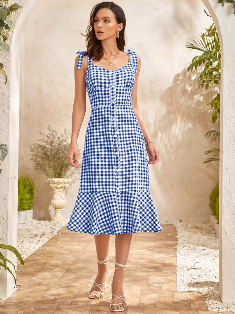Knot Shoulder Gingham Ruffle Hem Dress | SHEIN