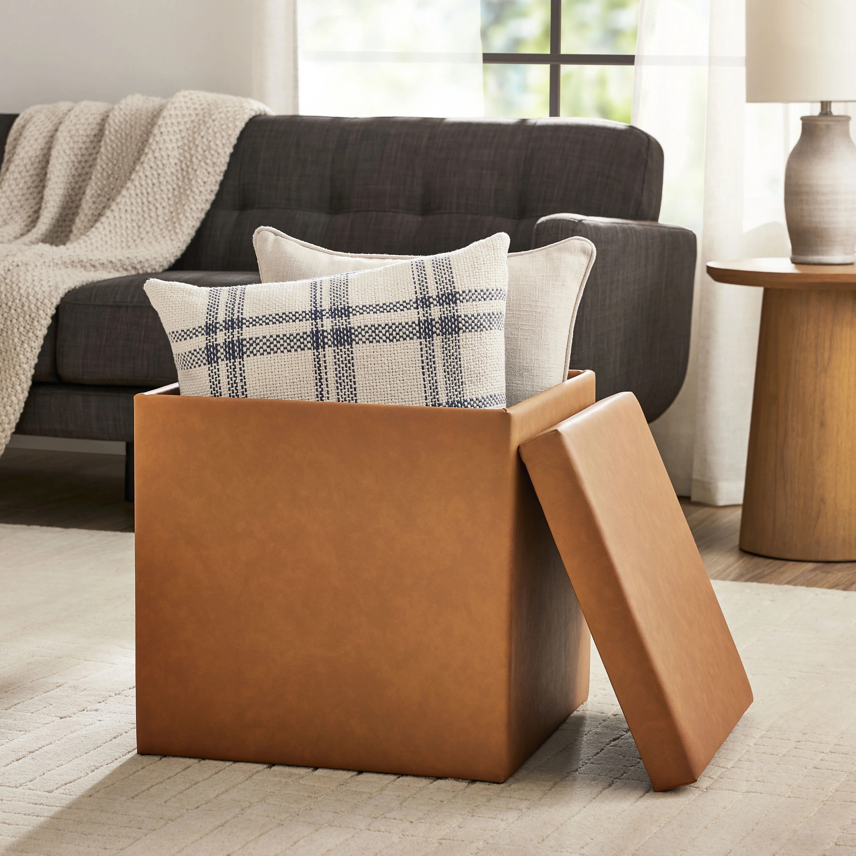 Mainstays Large Cube Storage Ottoman, 20 inch, Camel Faux Leather | Walmart (US)