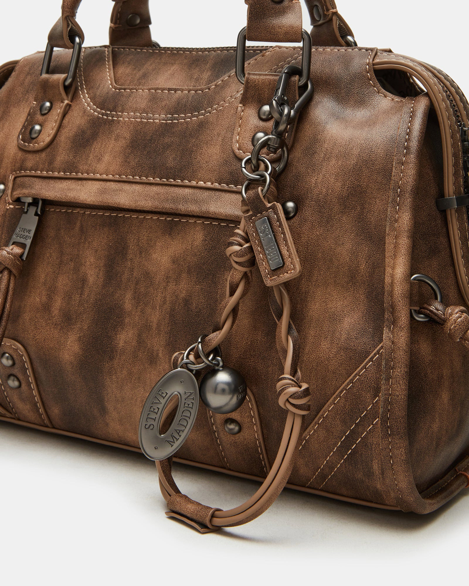RIGGS Brown Distressed Slouchy Top-Handle Crossbody Satchel Handbag | Steve Madden (US)