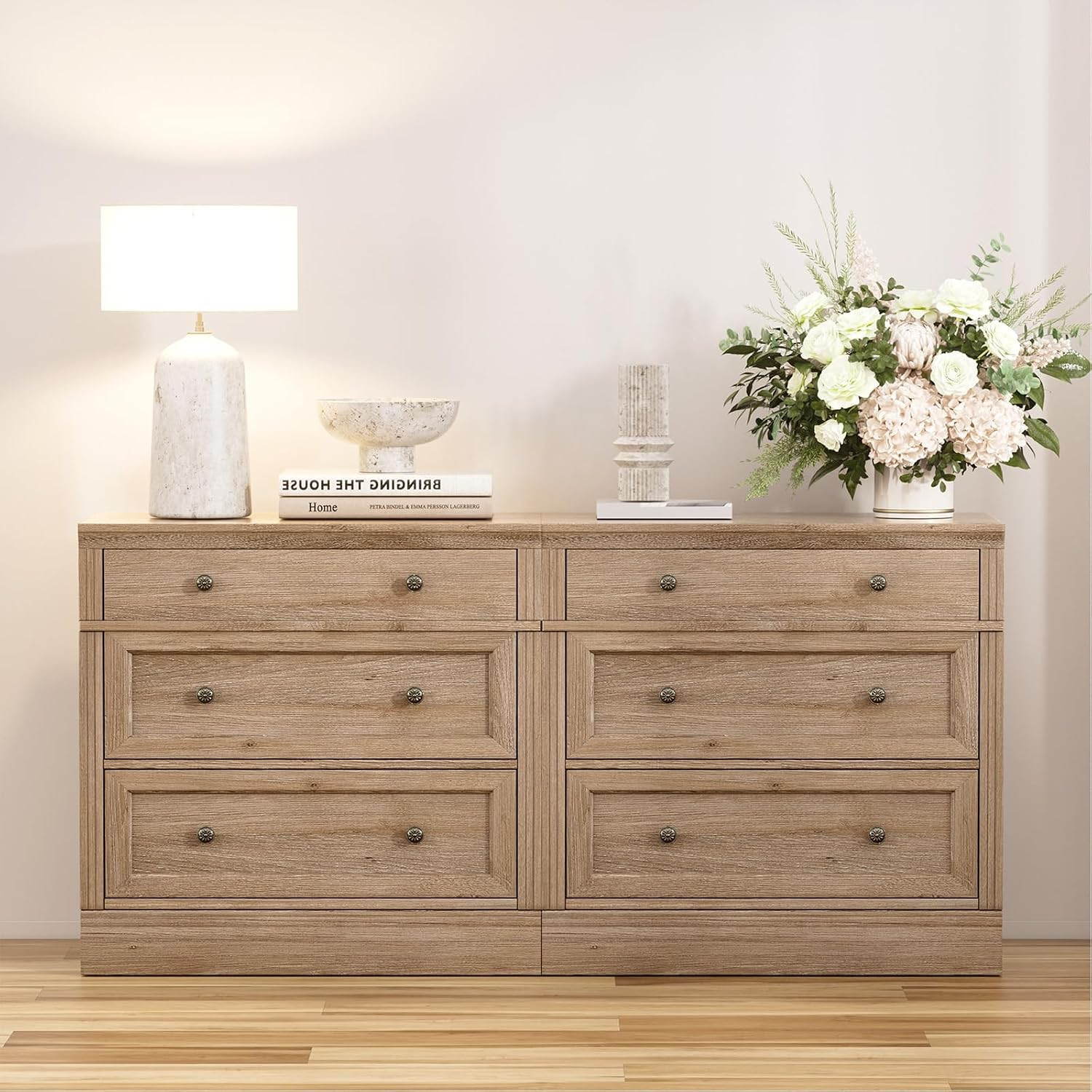 Nightstand Set 2, 31.5" Oversized Extra Large Nightstands with 3 Drawers, Wood Tall Bedside Side Table with Vintage Handles for Sofa, Farmhouse End Table for Living Room, Office, Light Oak | Amazon (US)