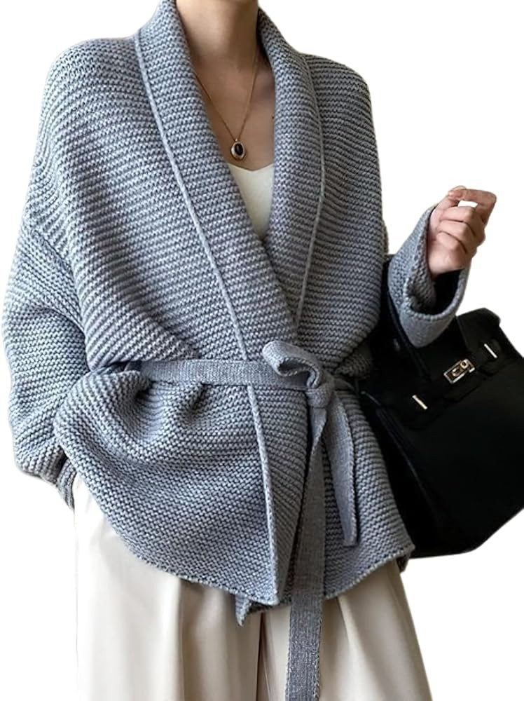 chouyatou Women's Shawl Collar Open Front Sweater Cardigan Chunky Knit Kimono Coat Outerwear with... | Amazon (US)