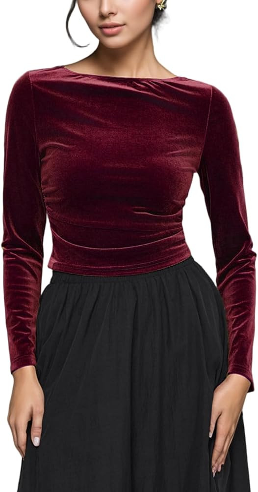 Velvet Tops for Women Bell Sleeve Boat Neck Ruched Going Out Y2K Casual Slim Fit Crop Shirts | Amazon (US)
