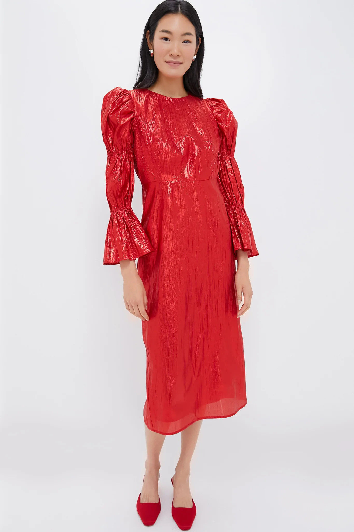 Red Metallic Plisse Puff Sleeve Darcy Midi Dress | Tuckernuck (US)